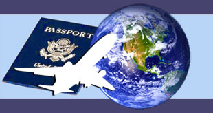 Image of a passport, globe, and an airplane representing world travel.